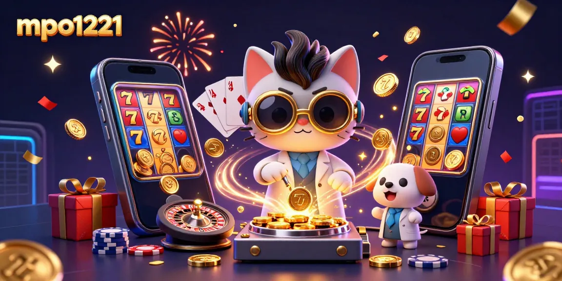 Engage with mpo1221 through a fun digital casino adventure featuring a mad scientist cat and playful dog amidst vibrant slot game elements.