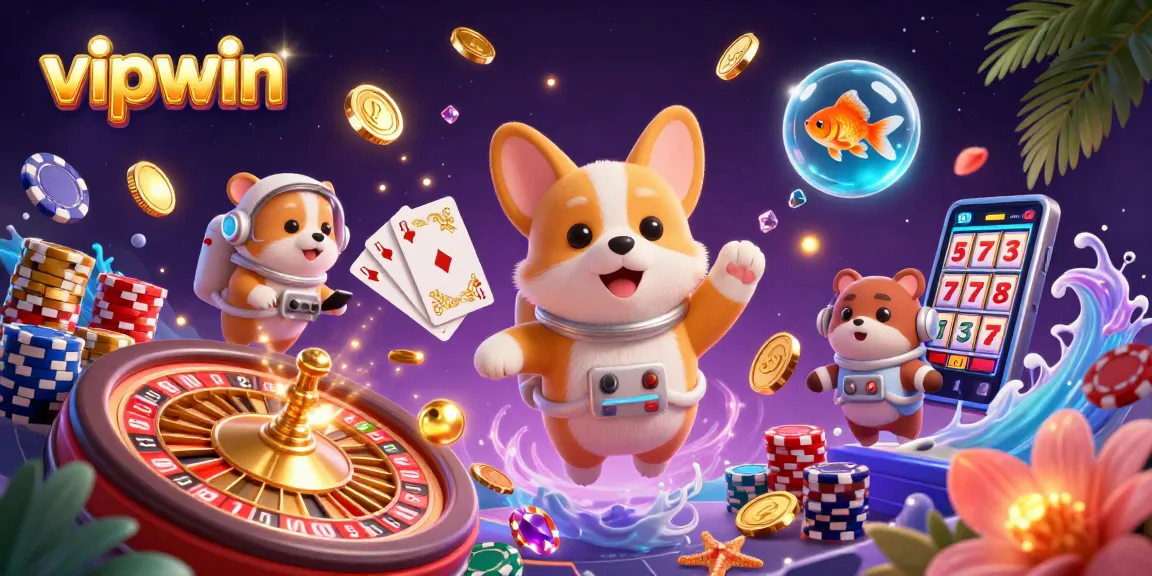 Experience thrilling games at vipwin, as golden coins and poker chips drift in a dynamic casino scene.