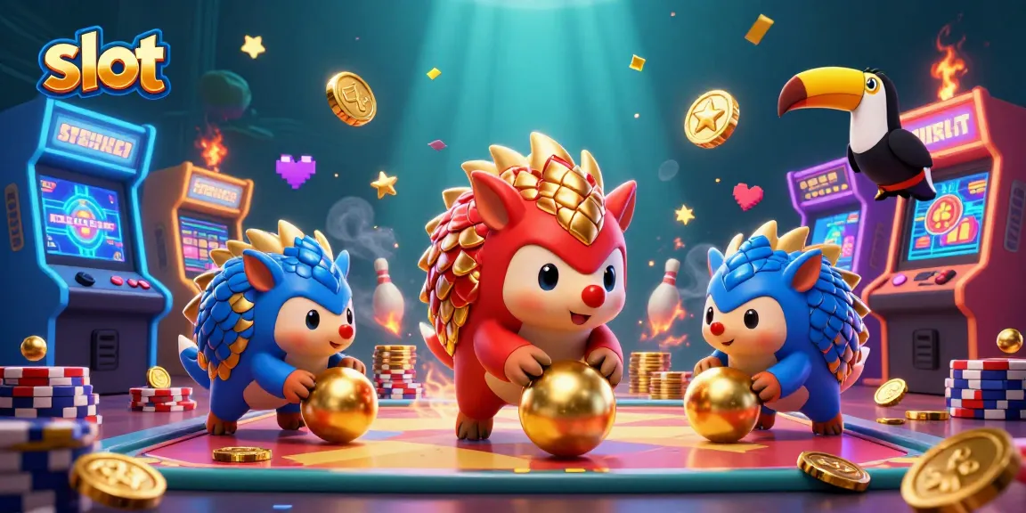 Permainan slot menampilkan pangolin bertanding, dikelilingi mesin arcade dan koin emas.
