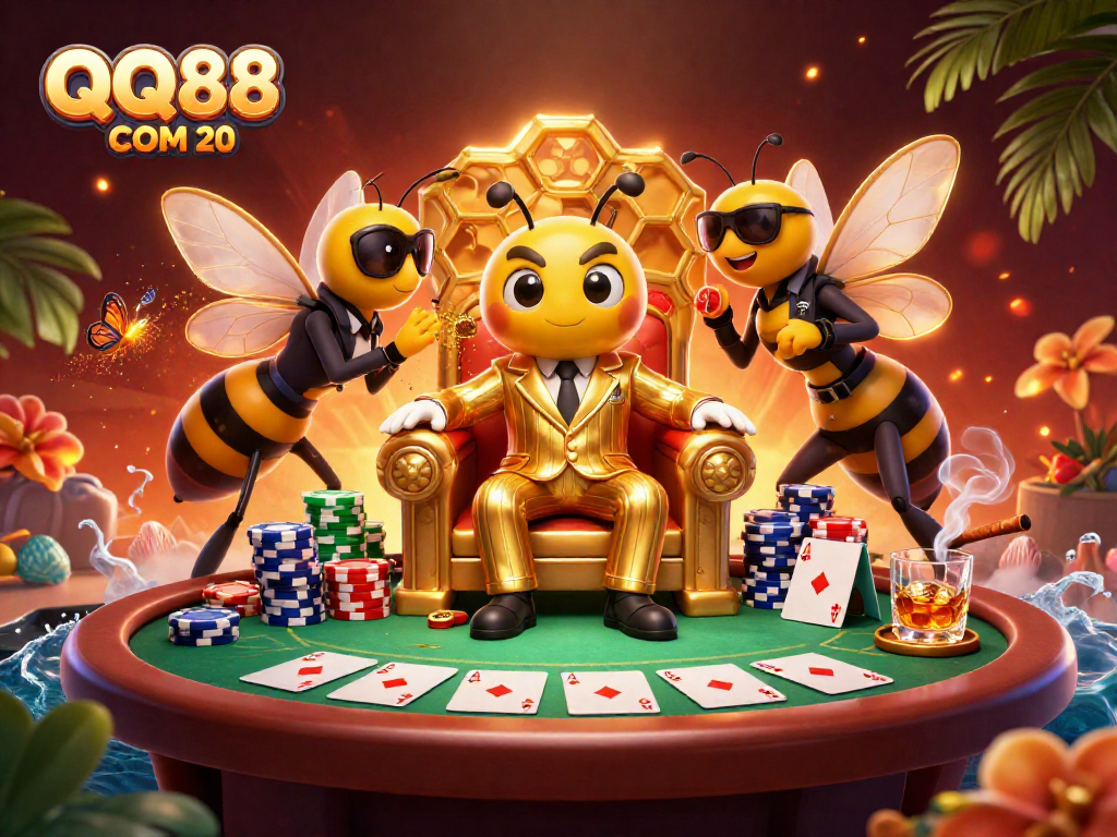 Experience the thrilling world of QQ88 COM 20 with an adventurous 3D casino scene filled with poker excitement.