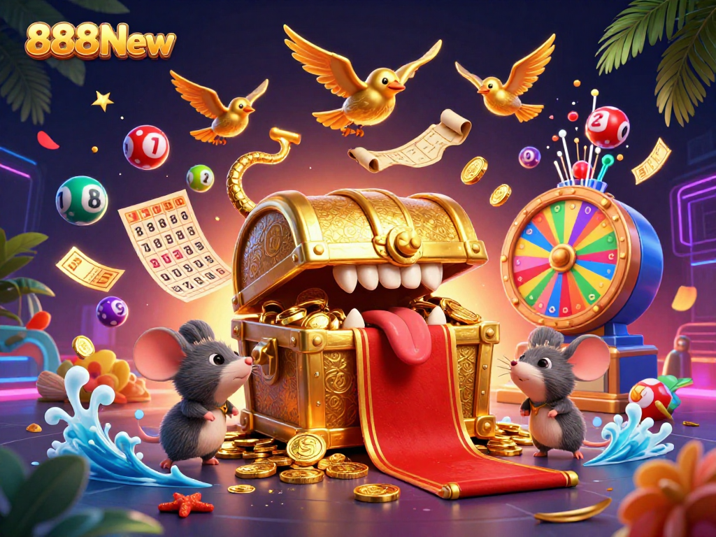 Win big at 888New with vibrant lottery elements and a golden treasure chest enticing adventurers.