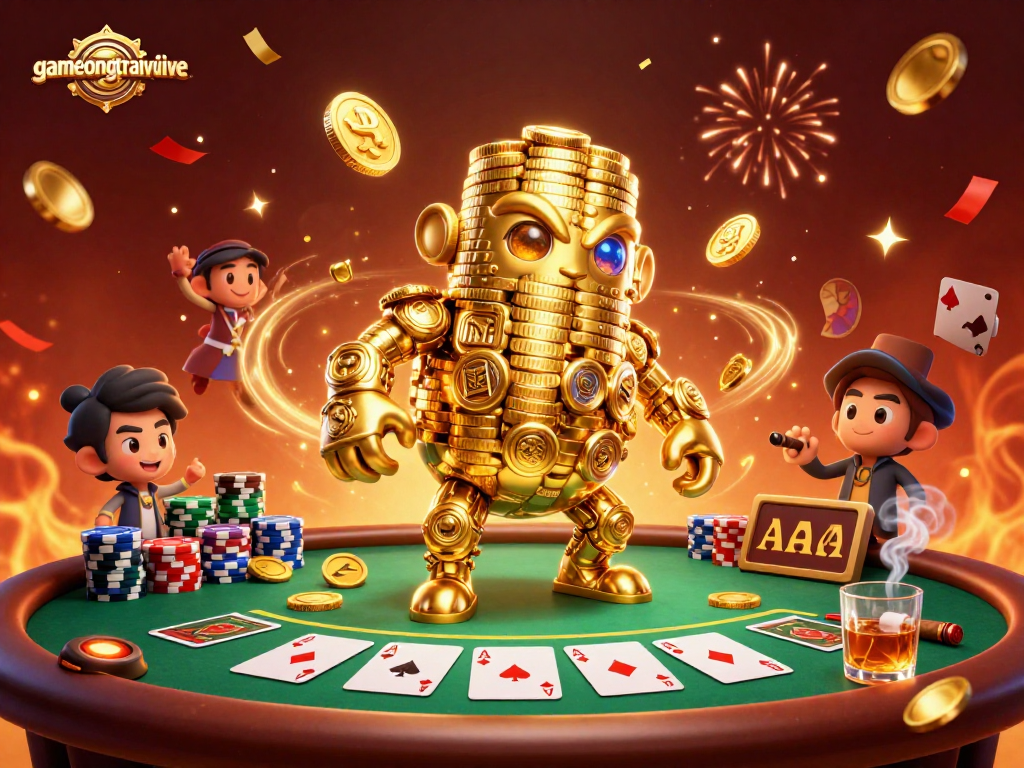 Win big with gamenongtraivuive in this vibrant 3D illustration of a golden golem surrounded by poker elements.