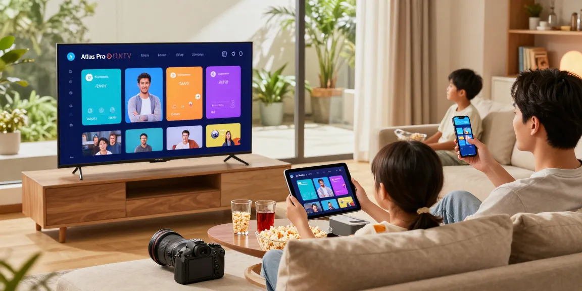 Family streaming vivid Atlas Pro ONTV content on multiple devices in a cozy living room.
