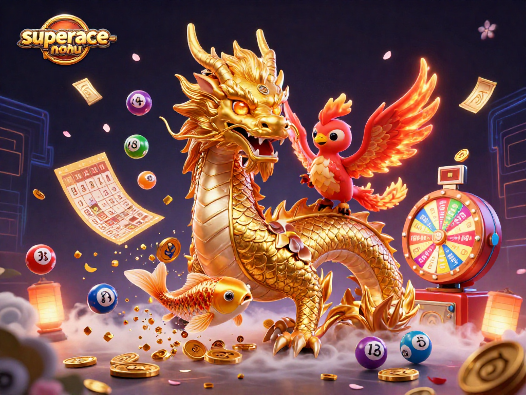 Experience thrilling action with superace-nohu in this dynamic 3D casino illustration featuring mythical creatures and winning elements.