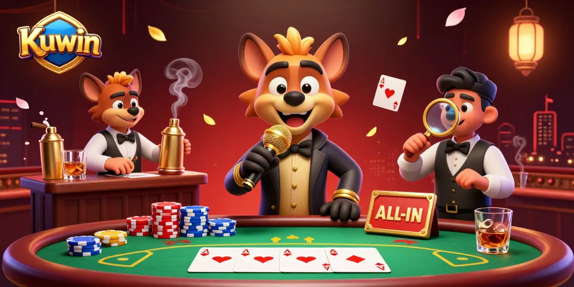 Kuwin provides an engaging comedy casino scene with hyenas in action, showing vibrant poker elements.