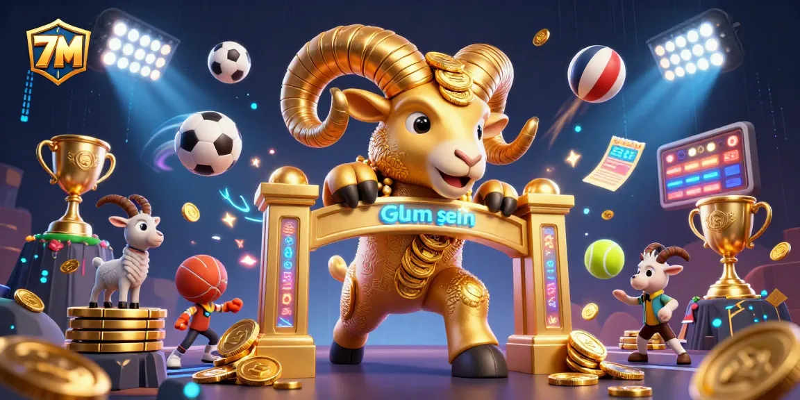 Engage with 7M's thrilling sports betting scene featuring golden ram and sports elements.