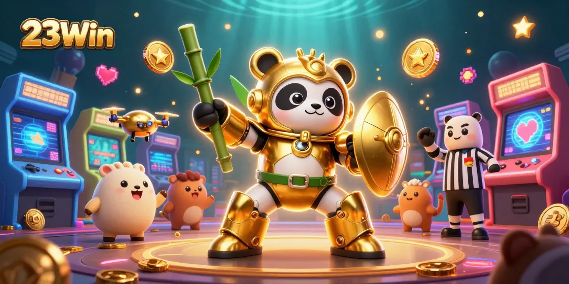 Join the thrilling action at 23Win, where a golden panda battles in a vibrant casino arena filled with excitement.
