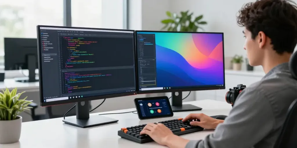 Professional developer working in a modern workspace, showcasing instant indexing code and analytics.