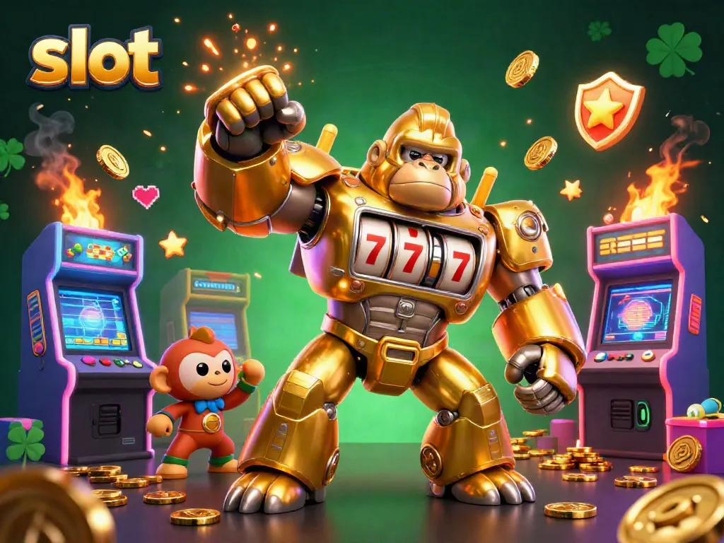 Experience thrilling slot action with a golden gorilla mech surrounded by arcade games and exploding coins.