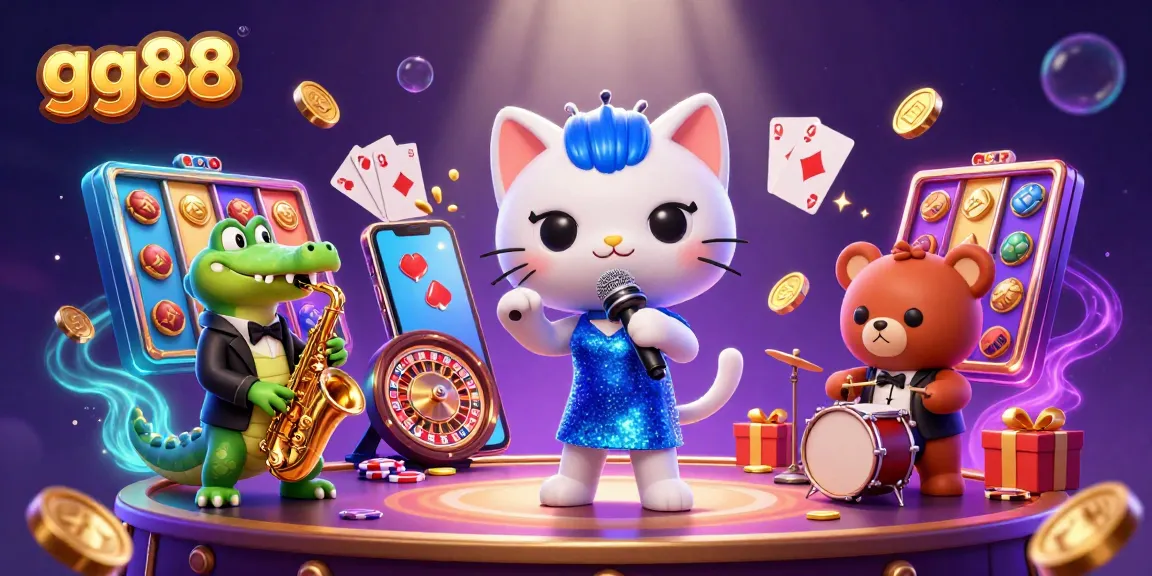 Experience thrilling gaming at gg88 with a lively cartoon performance in a vibrant casino scene.