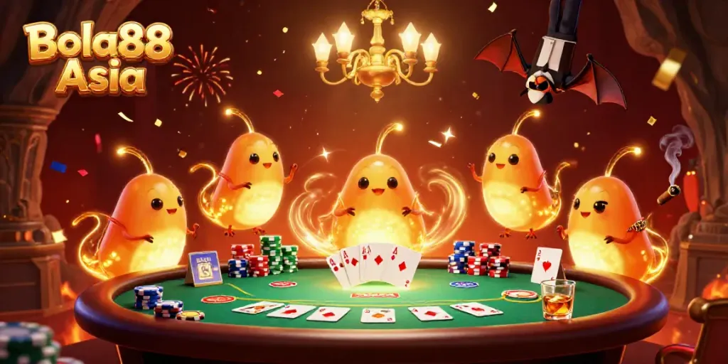Experience the thrill of gaming at Bola88 Asia with vibrant glowworms lighting a poker scene.