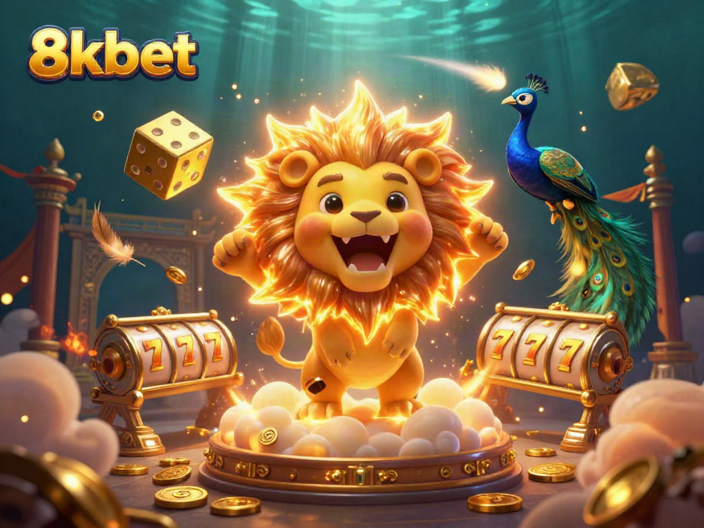 Experience thrilling gaming at 8kbet with a roaring lion, golden dice, and vibrant casino elements.