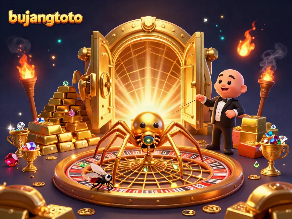 Bujangtoto showcases a vibrant casino scene with a golden spider and centipede croupier spinning fortunes.
