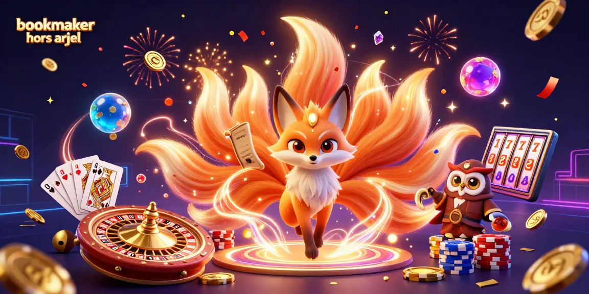 Visualisez une scène dynamique de jeu de casino avec le bookmaker hors arjel, comprenant une renarde à neuf queues et des effets de célébration.