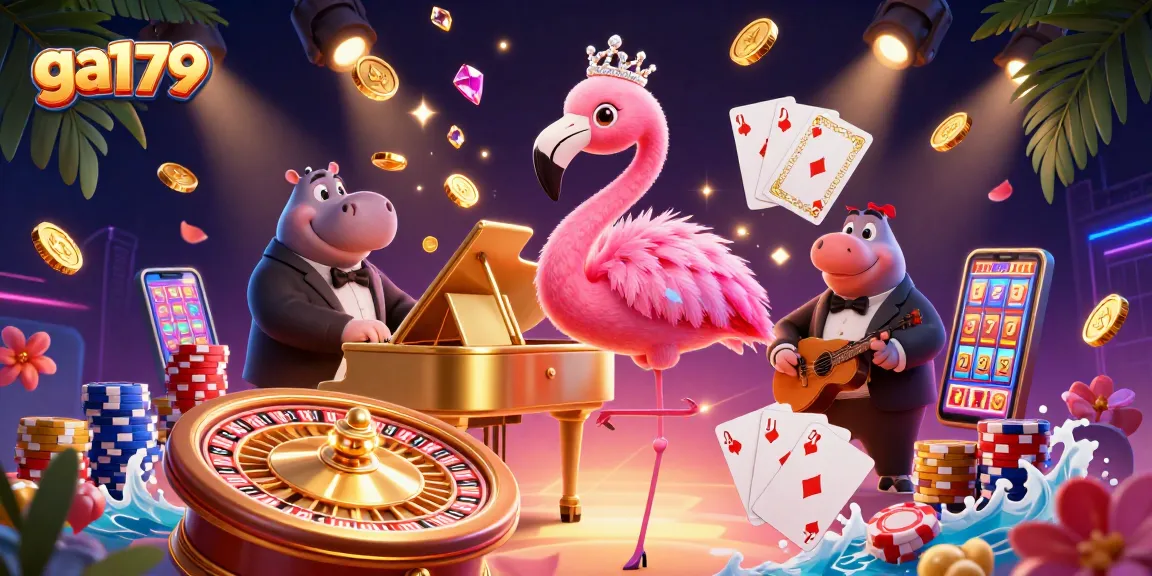 Visualize winning with ga179’s vibrant casino scene featuring a singing flamingo and a hippo bassist.