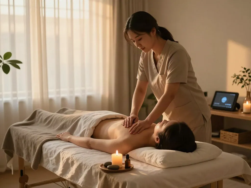 부천출장마사지 session in a serene home wellness environment with candles and tranquil lighting.