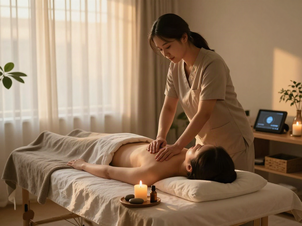 부천출장마사지 session in a serene home wellness environment with candles and tranquil lighting.