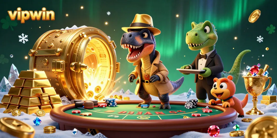 Experience thrilling gameplay at vipwin with a velociraptor card counter and animated casino scene.