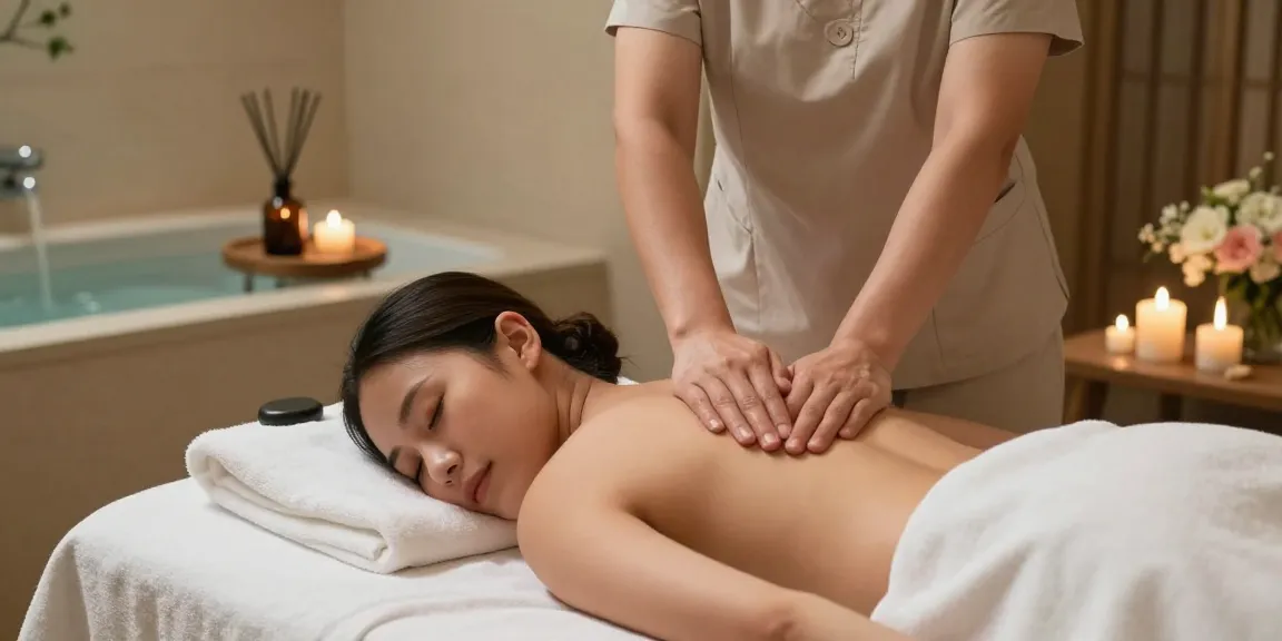 마사지 중인 고객과 아로마 오일이 배치된 편안한 스파 환경