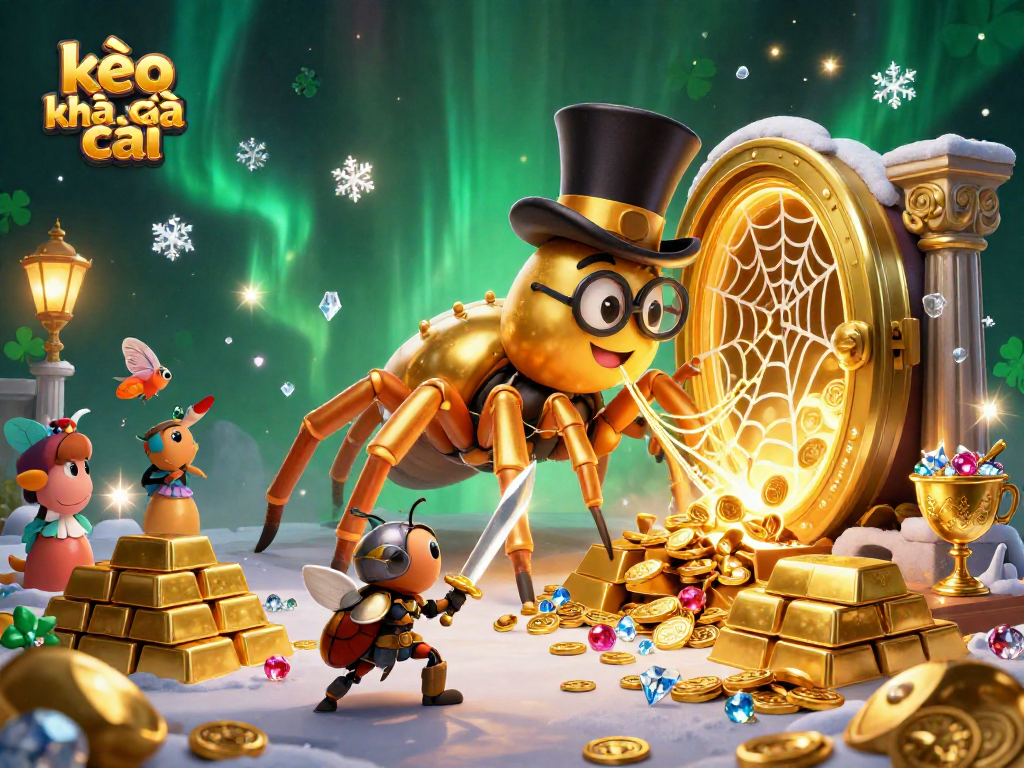 Engage with kèo nhà cái showcasing a golden tarantula, brave beetle knight, and treasure in a vibrant 3D casino scene.