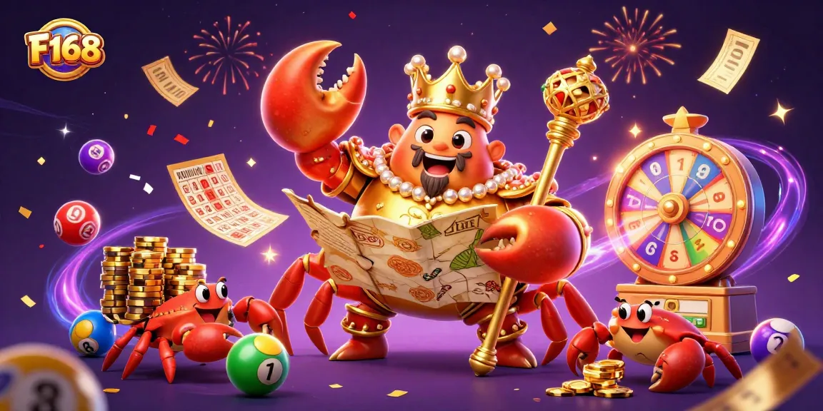 Experience the excitement of F168 with colorful lottery balls and a majestic crab emperor in action.