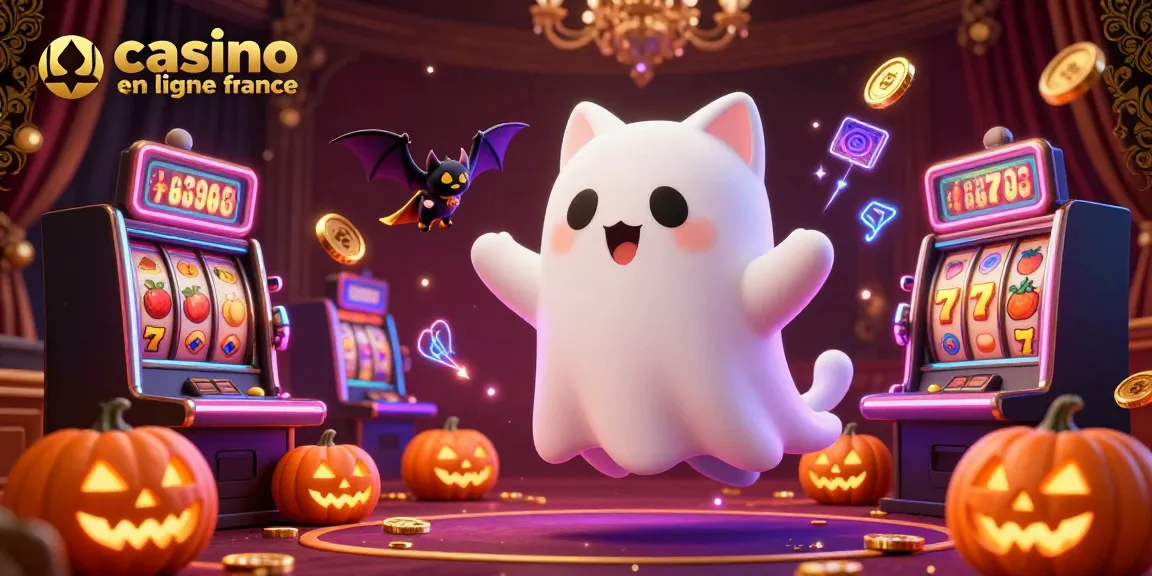 Explore le monde du casino en ligne France avec un chat fantôme et des éléments de jeu captivants.