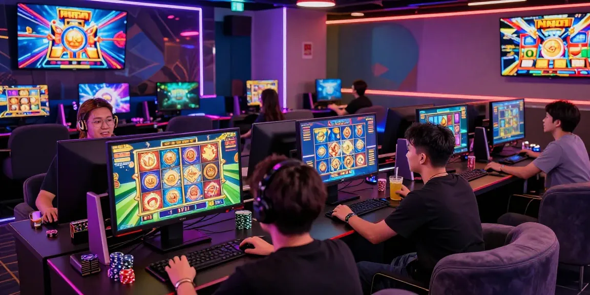 Engaging players enjoying thrilling slot MPO games in a vibrant online gaming lounge atmosphere.
