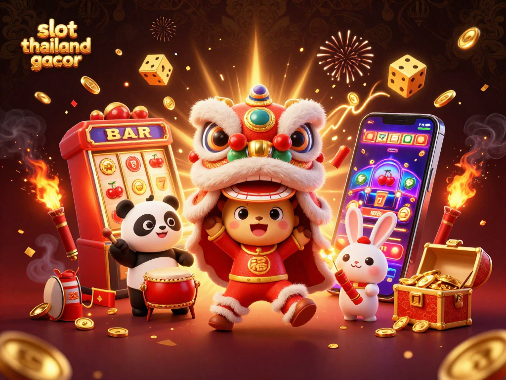 Experience thrilling gameplay at slot thailand gacor with a vibrant scene of festive characters surrounded by jackpot machines.