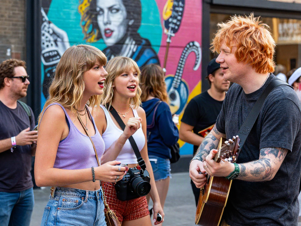 Look alikes of famous people in an urban setting, showcasing celebrity resemblances and lively interactions.