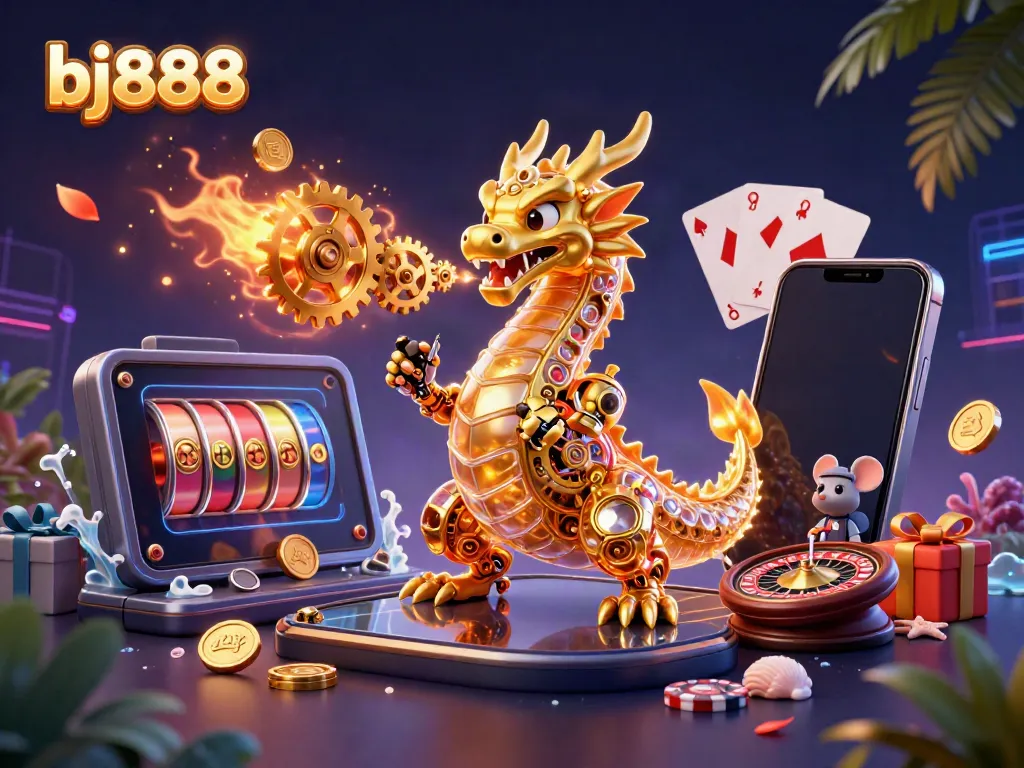 Experience high-stakes gaming action with bj888's dynamic 3D casino universe featuring a golden dragon.