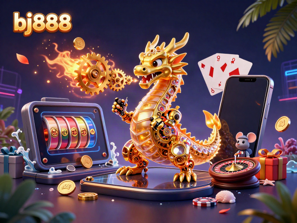 Experience high-stakes gaming action with bj888's dynamic 3D casino universe featuring a golden dragon.