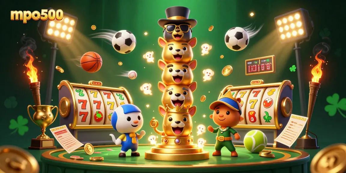 Spin and win at mpo500 with vibrant slots and dynamic sports betting elements in this engaging illustration.