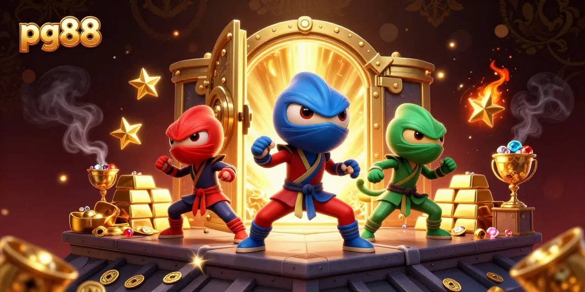 Engage in exciting gameplay at pg88 with vibrant treasures surrounding ninja chameleons.