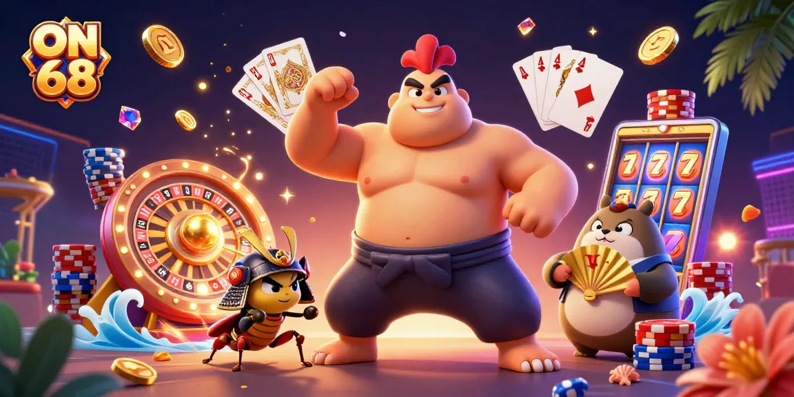 Experience the thrill of ON 68 with engaging characters and dynamic casino elements in a vibrant illustration.