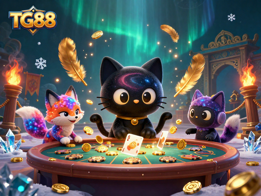 Engage in thrilling gameplay with TG88 as a cosmic black hole cat draws in golden chips and cards.
