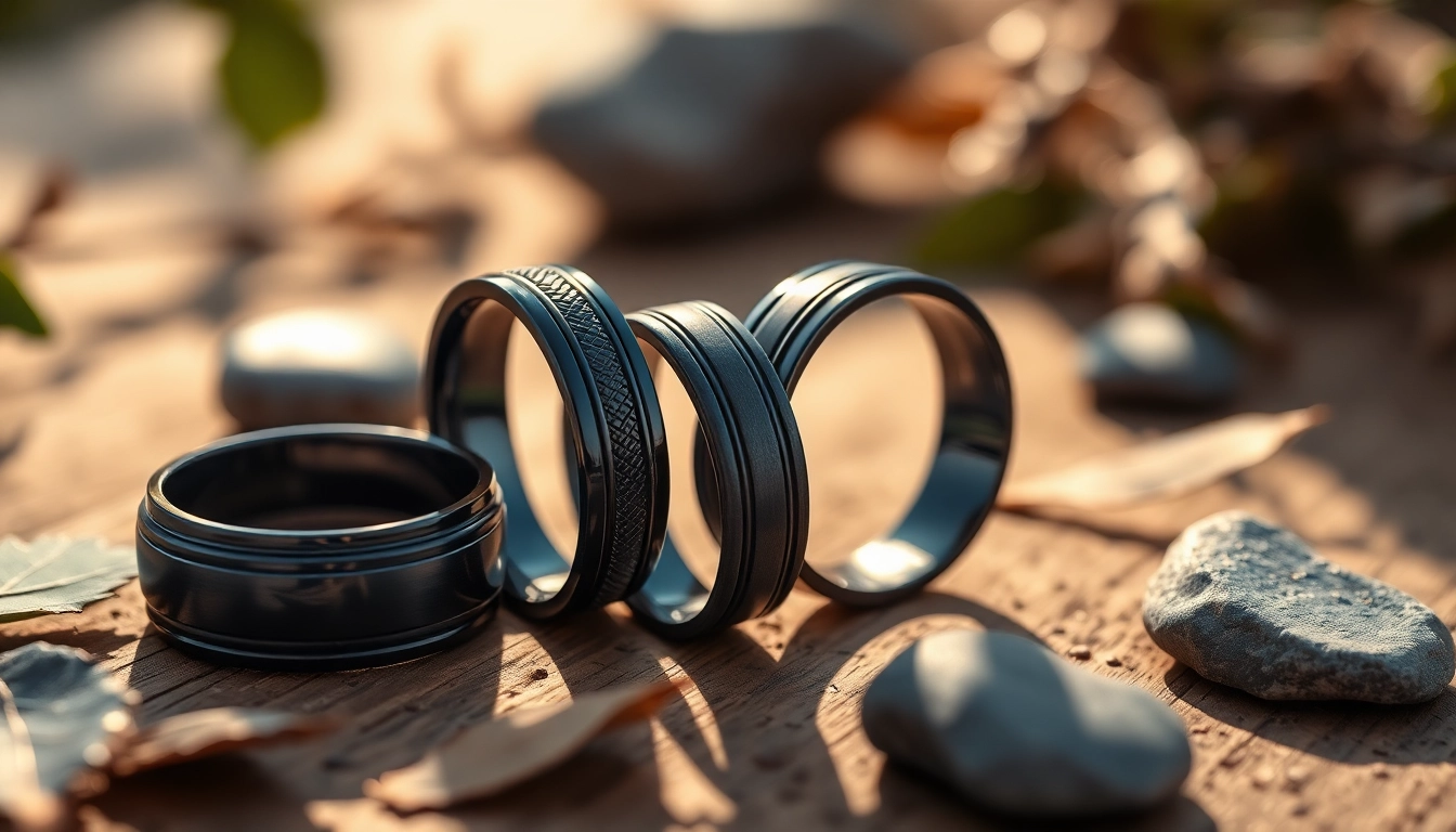 Showcasing unique Black Wedding Rings for Men with intricate designs and natural textures.