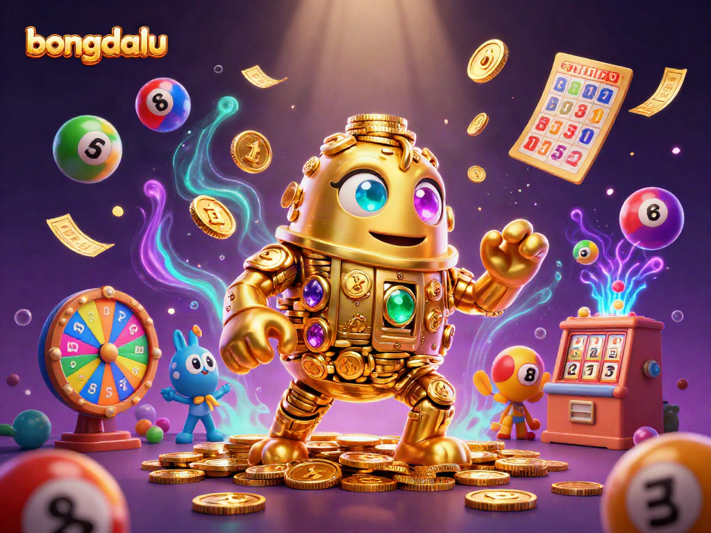 Engage with bongdalu's exciting betting experience shown through vibrant gambling elements and a charming golden golem.