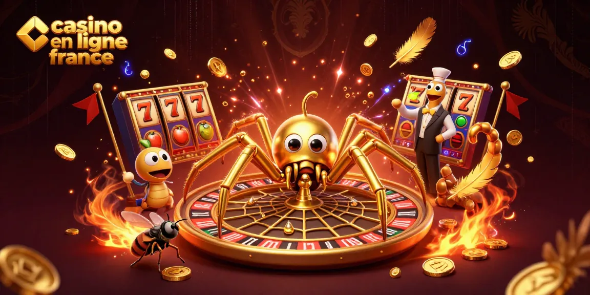 Visuels captivants de casino en ligne France avec des éléments de jeu dynamiques et des personnages colorés.