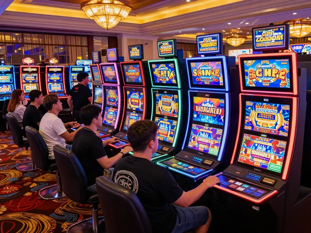 Exciting casino floor featuring players at slot gacor machines surrounded by colorful lights.