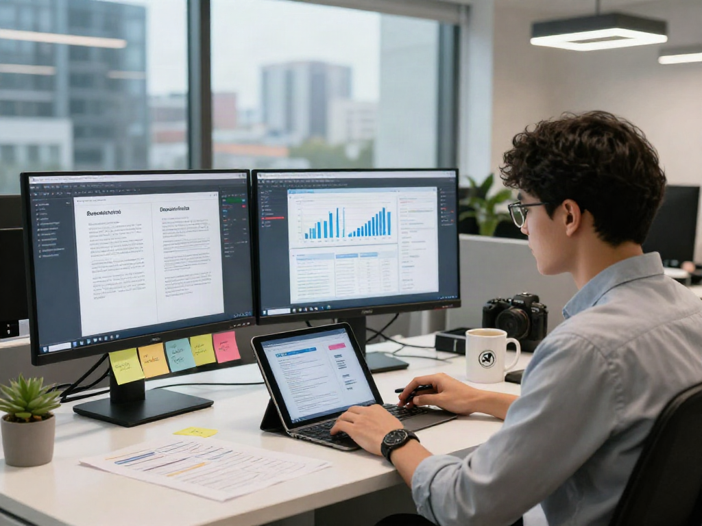 Data analyst immersed in document fraud detection software in a modern office.