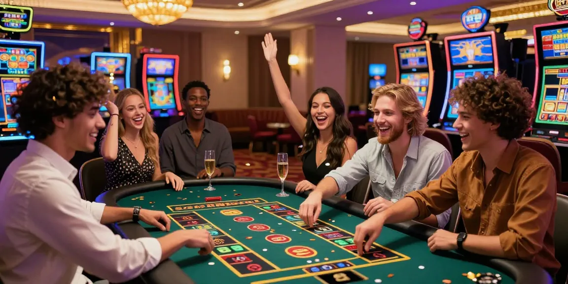Suasana perayaan di meja judi dengan teman-teman menikmati LUXURY777 Daftar.