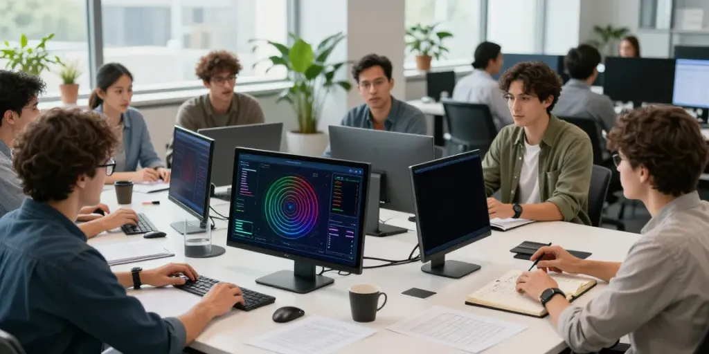 Team collaborating in a modern workspace on GPU computing infrastructure development.