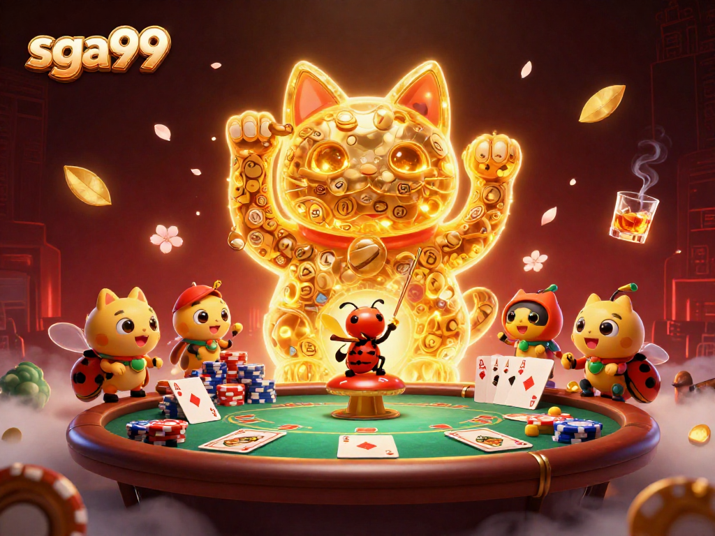 Experience the excitement of sga99 with a captivating casino-themed illustration featuring a lucky cat.