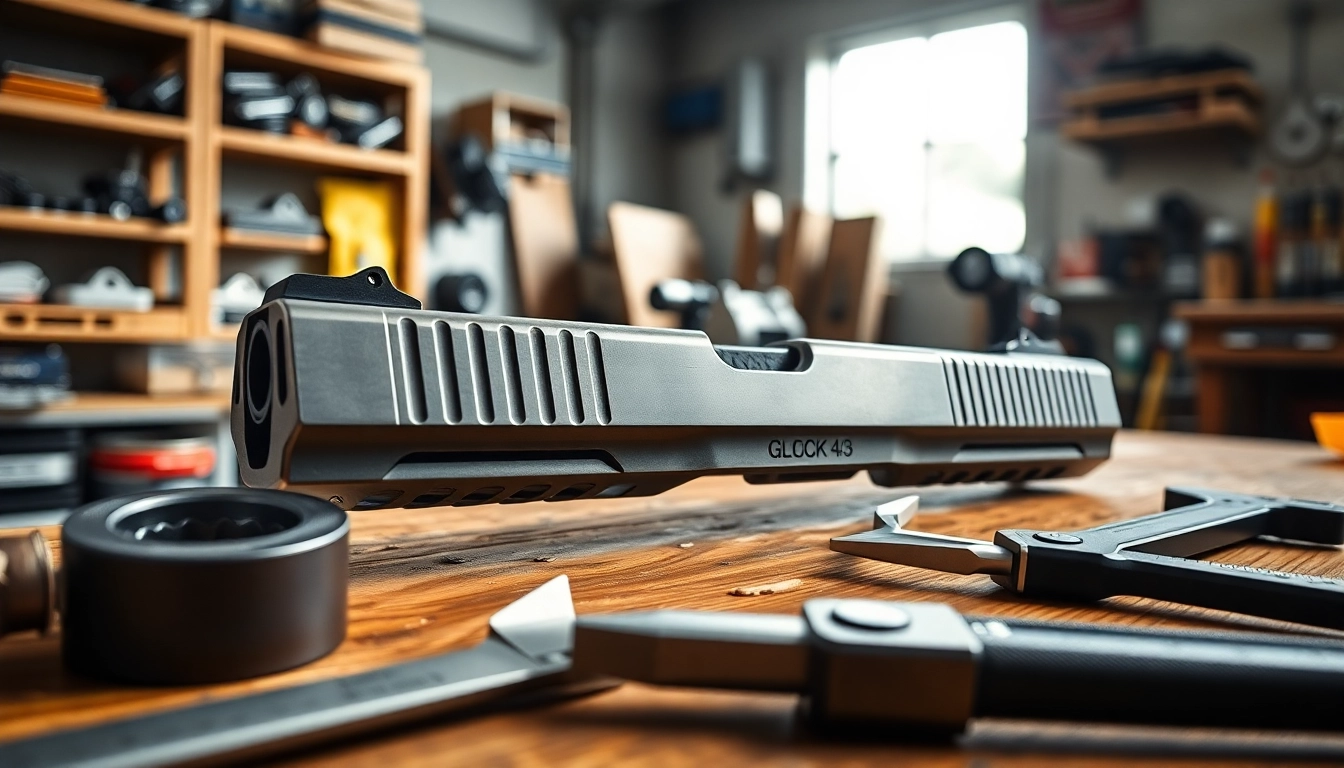Showcase glock 43 slide with precision craftsmanship on a workbench.
