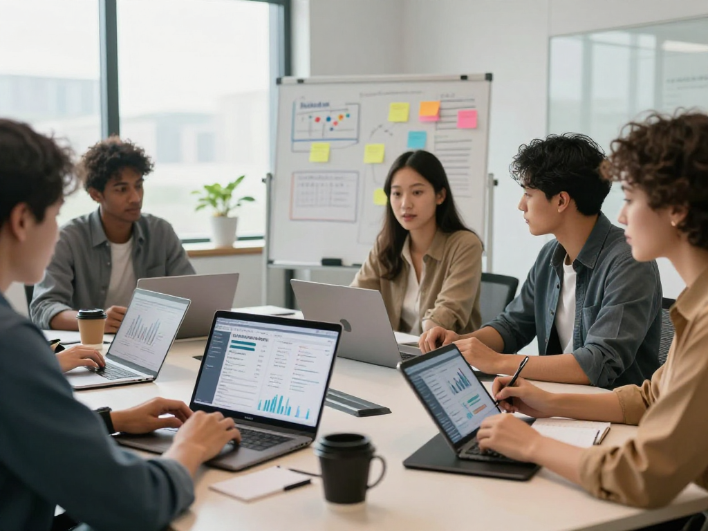 Team strategizing digital marketing efforts with mantra88 insights in modern office