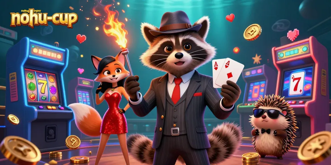 Nohu-cupthegioi showcases a colorful casino scene with a suave raccoon, elegant fox, and hedgehog bouncer.