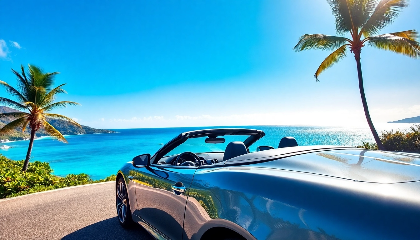 Rent a car Saint Barth in a stunning coastal setting showcasing a luxury convertible.