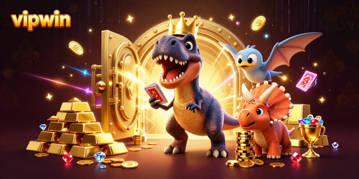 Experience thrilling wins at vipwin with delightful dino characters playing cards and stacking chips!