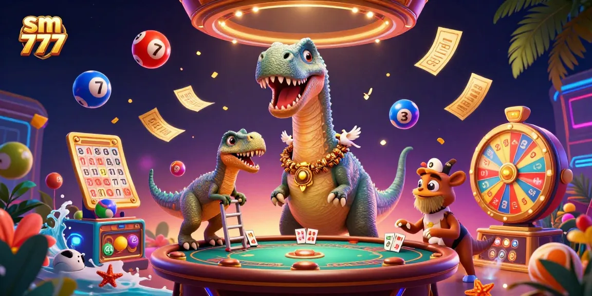 Experience the excitement of sm 777 with a playful dinosaur-themed casino scene featuring vibrant game elements.