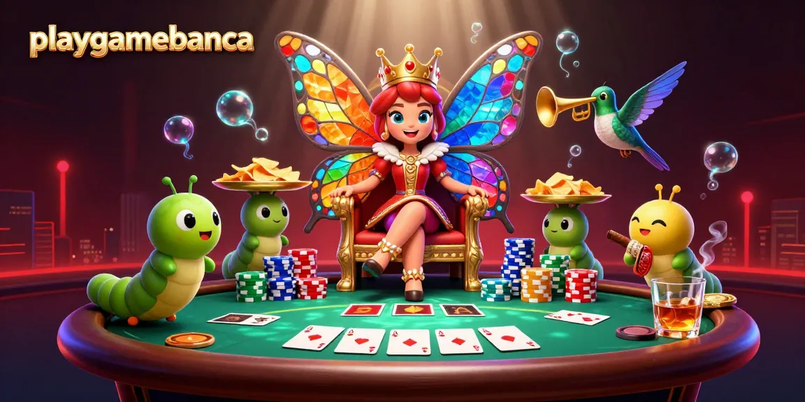 Engage with playgamebanca's vibrant casino realm, featuring colorful poker elements and characters in vivid detail.